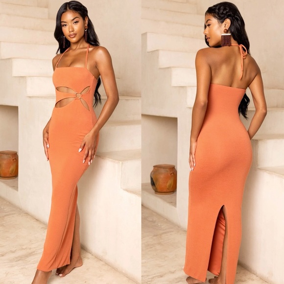 Oh Polly Dresses & Skirts - Oh Polly Towards The Horizon Halter Cut Out Midi Dress in Rust